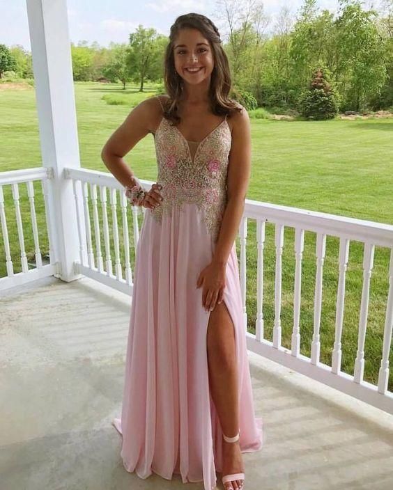 Charming spaghetti straps v neck long prom dress    cg22526