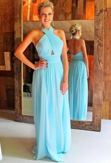 Blue Ruching Halter Chiffon Prom Dresses      cg22568