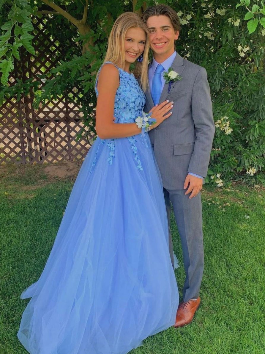 Blue one shoulder sequin tulle long prom dress blue evening dress     cg22574