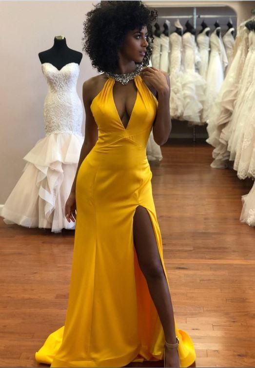 Sexy Backless Yellow Mermaid Prom Dresses      cg22594