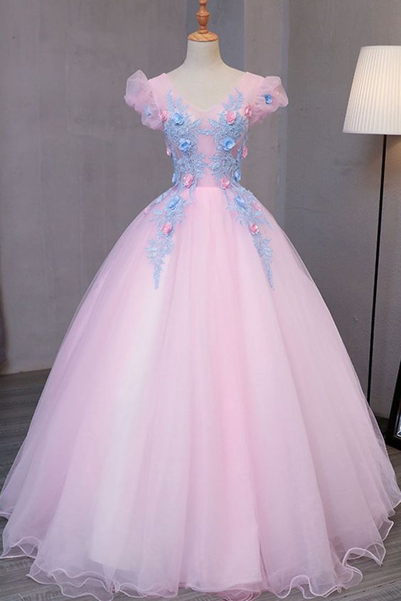 Special pink tulle V neck long prom gown with blue flower lace appliqués cg2260