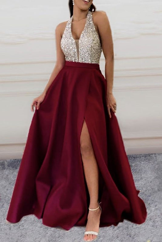 Beaded halter long satin prom dresses brugundy evening gown side split    cg22603