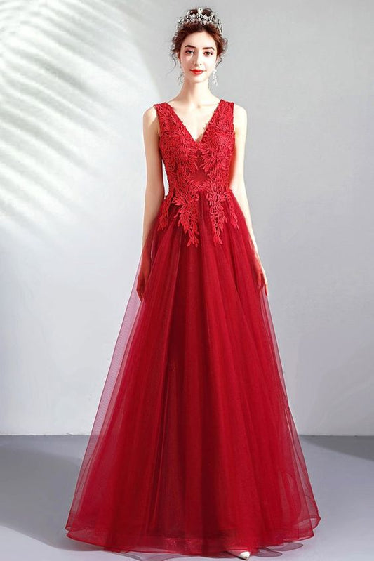 Burgundy v neck tulle lace long prom dress, burgundy evening dress      cg22623