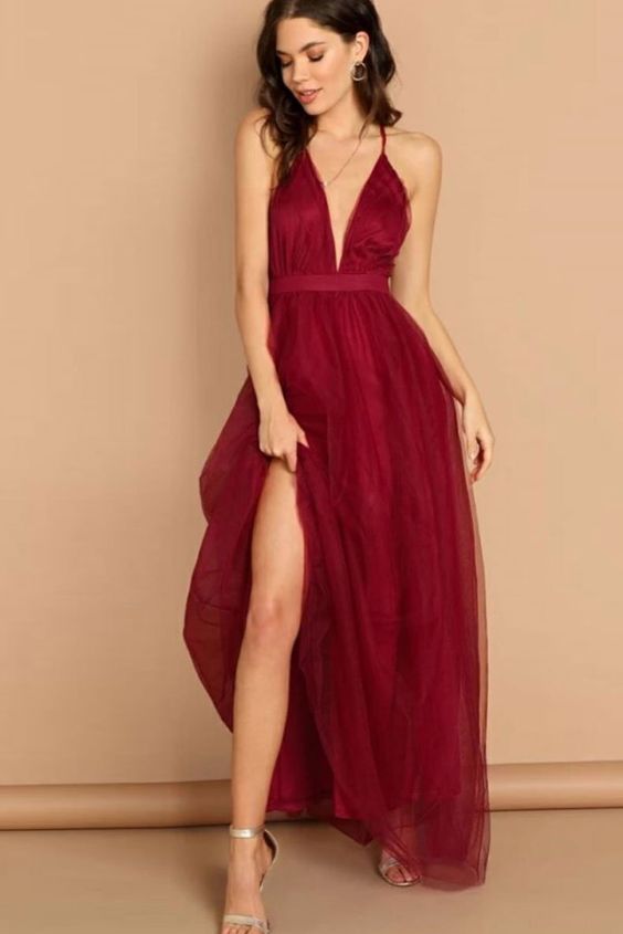 Simple v neck burgundy tulle long prom dress burgundy evening dress       cg22624