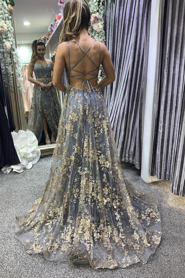 Gray tulle sequins long A line prom dress evening dress    cg22658