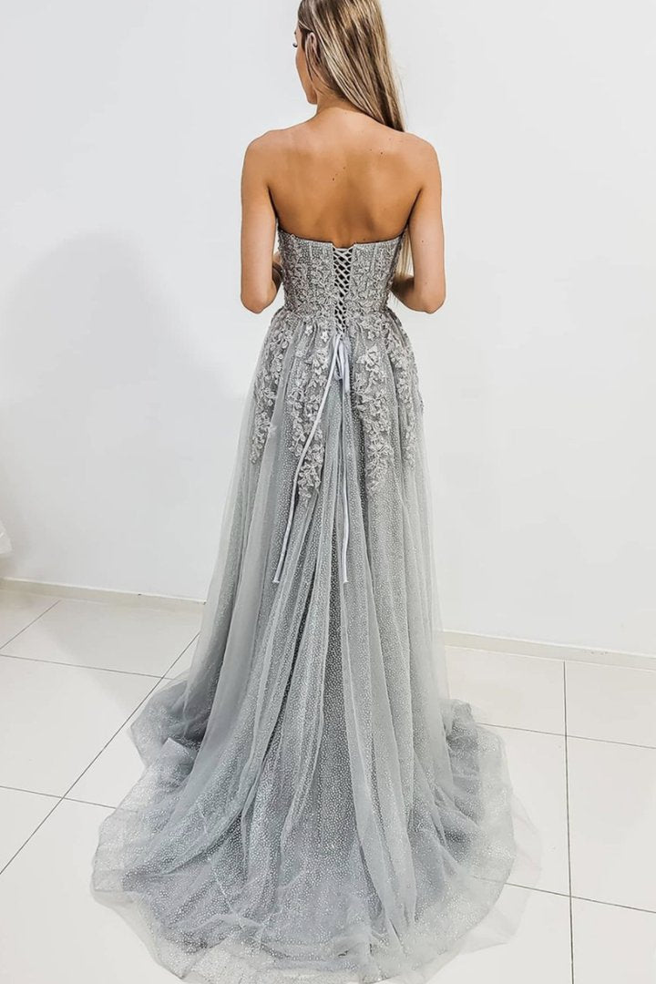 Gray tulle lace long A line prom dress evening dress     cg22668