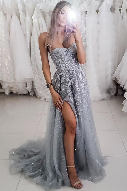 Gray tulle lace long A line prom dress evening dress     cg22668