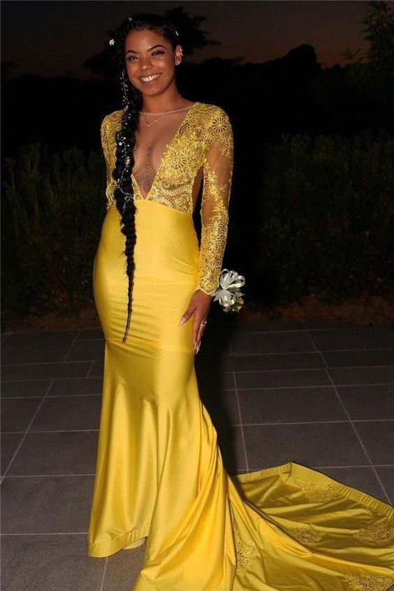 Long Sleeves Lace Sheath Elastic Satin Open Front Long Yellow Prom Dresses       cg22699