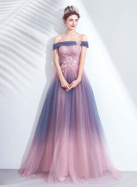 Blue And Pink Tulle Shiny Gradient Off Shoulder Party Dress, A-Line Long Formal Evening Dress prom dress evening dress     cg22710