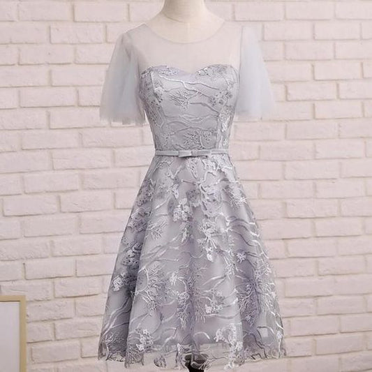 Short Sleeve Gray Lace Cute Homecoming Dresses     cg22736