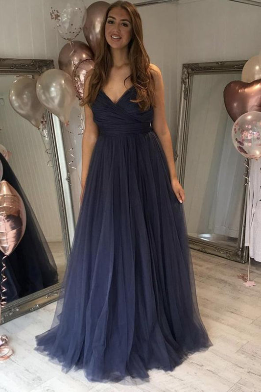 Blue tulle long A line prom dress simple evening dress      cg22758