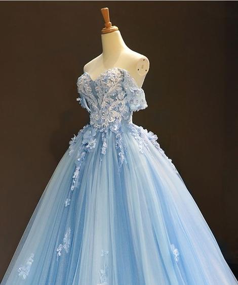 Sky Blue Tulle Off Shoulder Sweetheart Neck Long Lace Applique Senior Prom Dress         cg22789