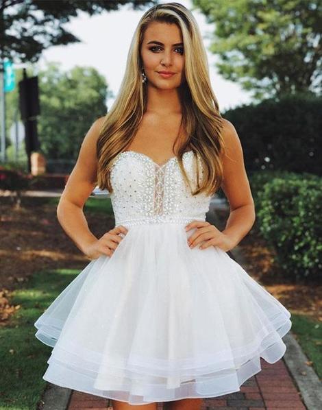 White round neck tulle beads short homecoming dress        cg22806