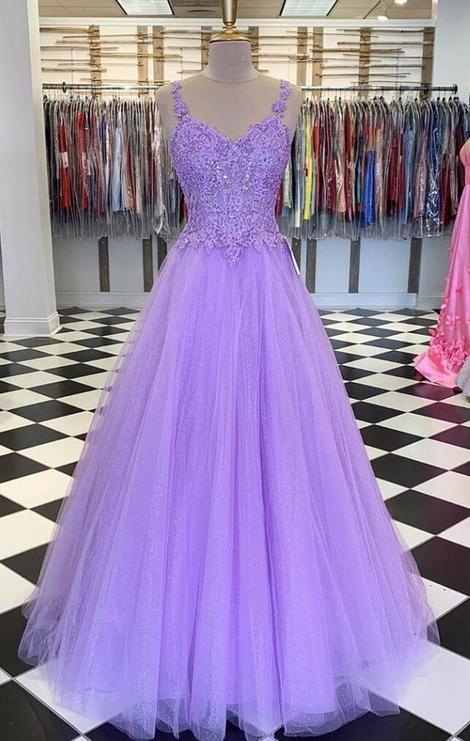 Lavender Tulle Lace Long Prom Dresses       cg22849