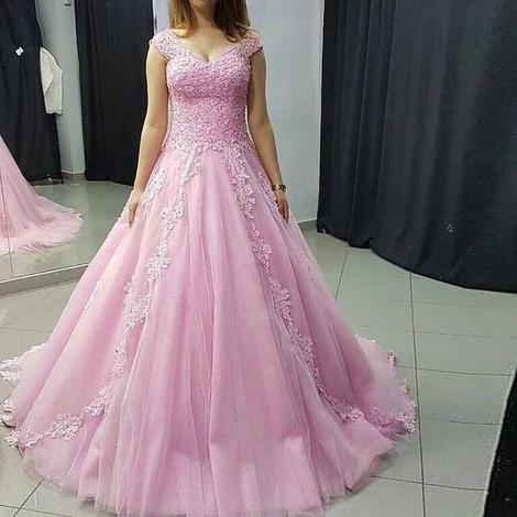 Princess Ball Gown Prom Dress Pink Tulle Cap Sleeve Wedding Party Dress With Lace Appliques            cg22899