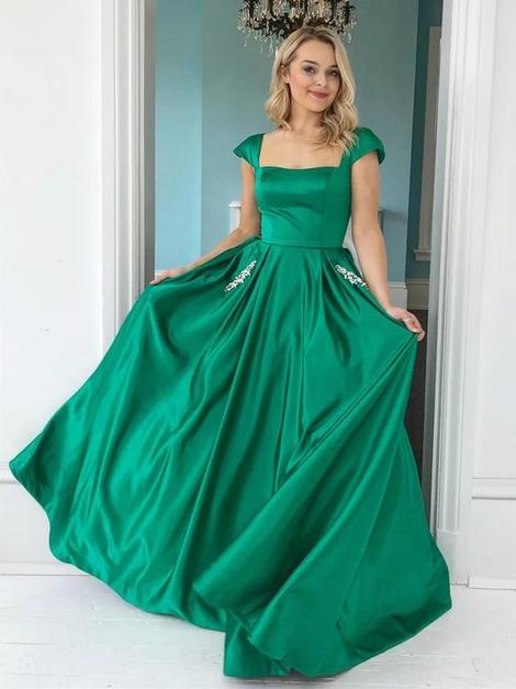 Charming A-Line Scoop Neck Cap Sleeve Green Satin Prom Dresses with Beaded Pockets      cg22901