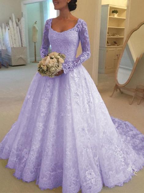 Purple Patchwork Lace Grenadine Elegant Square Neck Long Sleeve Prom Dress       cg22904