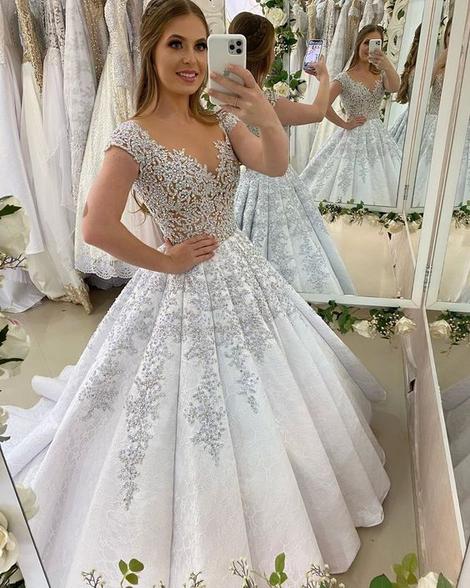 White Cap Sleeves Ball Gown, Charming Prom Dress With Lace         cg22905