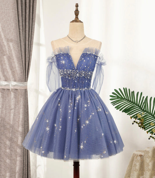 BLUE TULLE SEQUINS SHORT A LINE HOMECOMING DRESS PARTY DRESS      cg22953