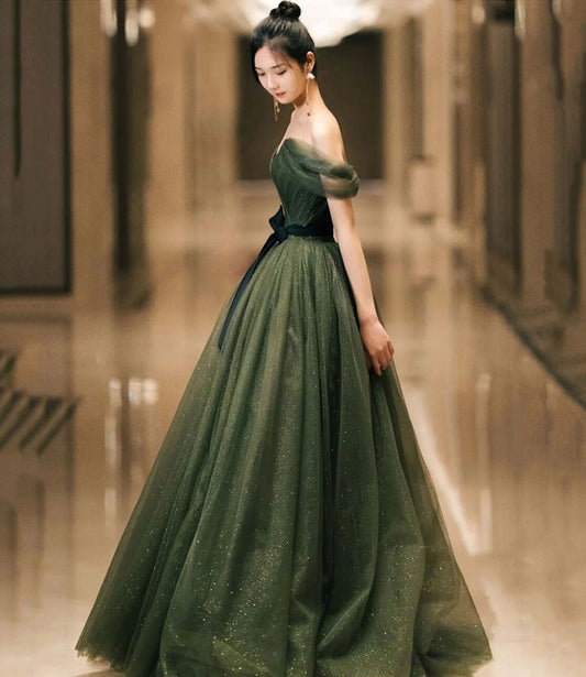 GREEN TULLE LONG A LINE PROM DRESS EVENING DRESS      cg22954