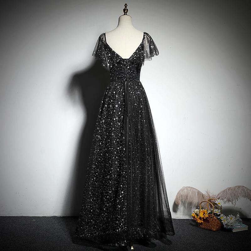 Black V-Neckline Cap Sleeves Floor Length Party prom Dress, Black A-Line Evening Dress       cg22965