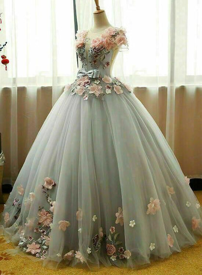 Grey Ball Gown 3D Flowers Princess Party Gown, Sweet 16 Formal prom Dress        cg23031