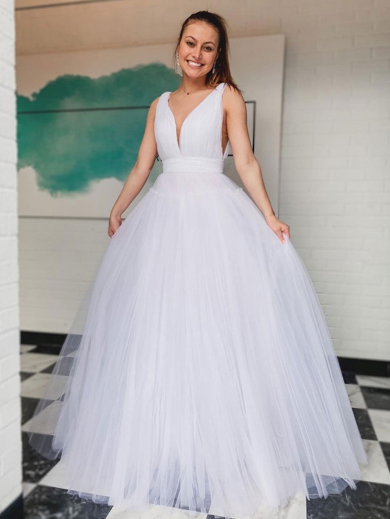 WHITE V NECK TULLE LONG PROM DRESS , WHITE TULLE FORMAL DRESS         cg23041