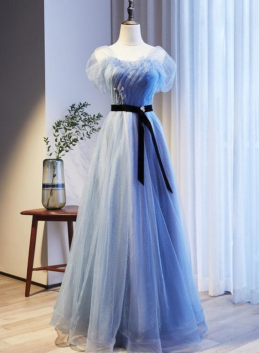 Lovely Blue Beaded Long Evening Dress New Style Party Prom Dress, Blue Tulle Formal Dresses     cg23066