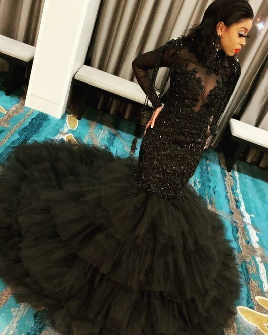 Long Sleeve Black Appliques Formal Mermaid Evening Prom Dresses     cg23103