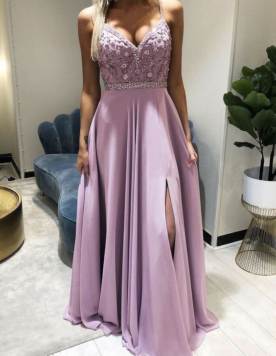 elegant mauve pink bridesmaid dresses chiffon split evening prom gown with side split     cg23116