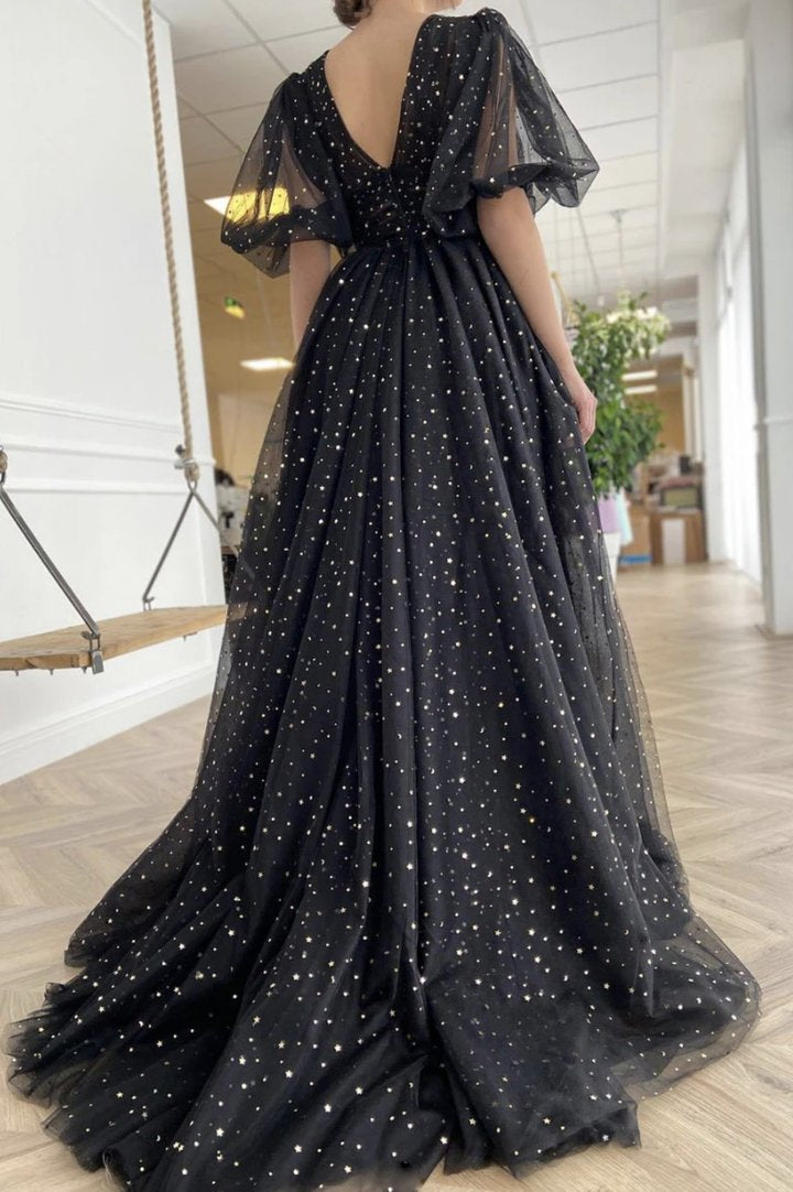 Black v neck tulle long A line prom dress evening dress         cg23129