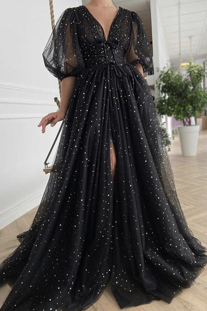 Black v neck tulle long A line prom dress evening dress         cg23129