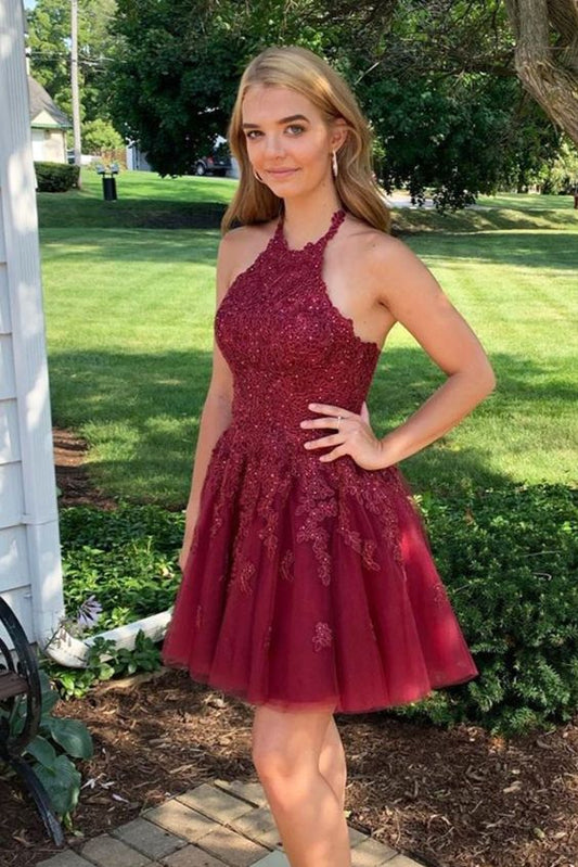 halter burgundy A-line short homecoming dress      cg23153