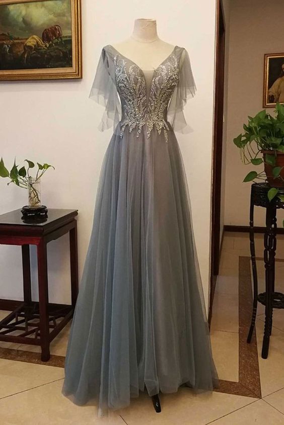 Gray Tulle Lace Cap Sleeve Long Women Prom Dress, Evening Dress          cg23158