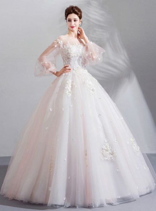 White Ball Gown Tulle Long Sleeve Appliques Wedding Prom Dress           cg23159