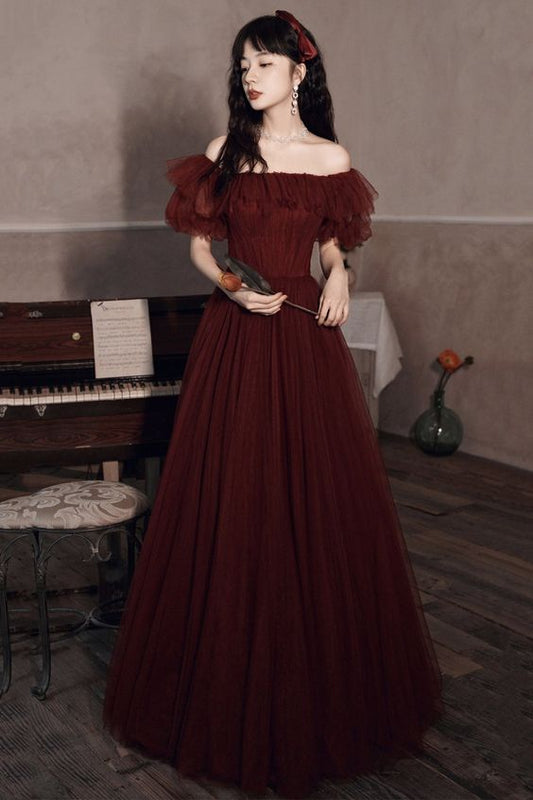 Burgundy tulle long prom dress burgundy evening dress       cg23161