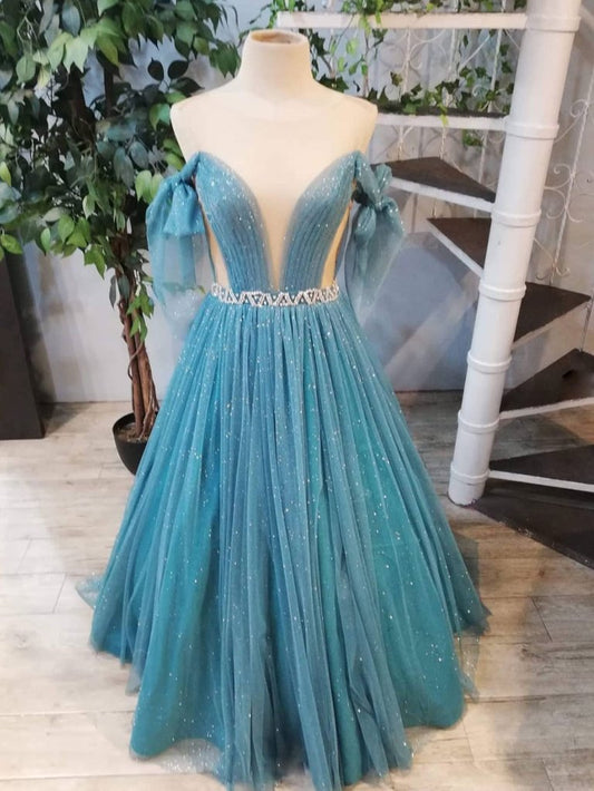 GREEN ROUND NECK TULLE SEQUIN LONG PROM DRESS, GREEN EVENING DRESS     cg23165