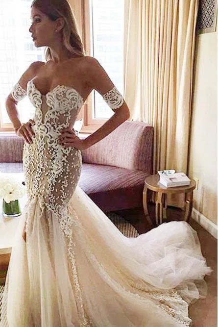 Charming Mermaid Sweetheart Backless Tulle Wedding Dresses with Lace Appliques prom dress         cg23184