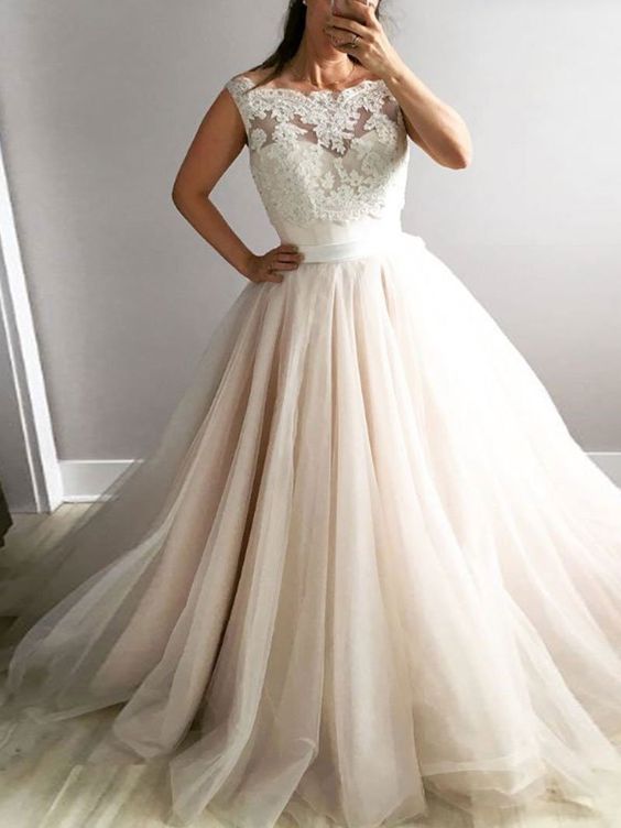 Light champagne tulle lace long prom dress, champagne tulle evening dress     cg23195