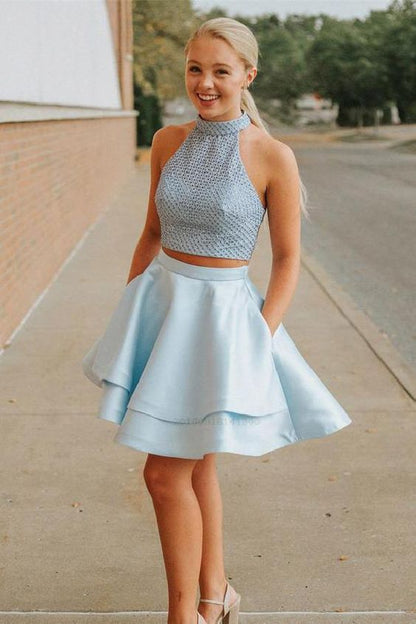 Two Pieces Halter Sleeveless Backless Blue Short Homecoming Dresses, cg232