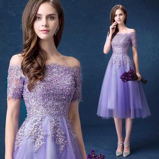 Lavender Tulle Short Lace Applique Beaded Off Shoulder Party Dress, Short Homecoming Dresses      cg23216