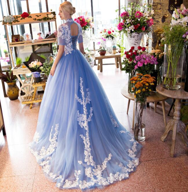 Blue Lace Short Sleeves Long Tulle Sweet 16 Gown, Blue Quinceanera Prom Dresses         cg23263