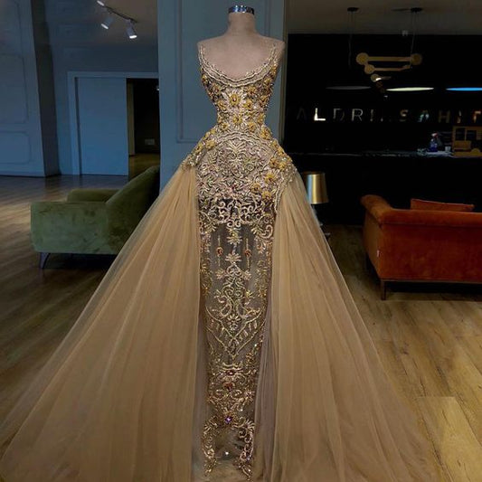 Gold Prom Dresses, Detachable Prom Dress, Sequins Prom Dress, Sheath Evening Dresses    cg23274