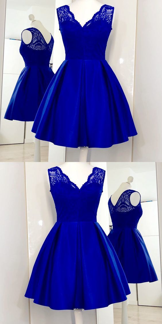 Charming Royal Blue Cute homecoming Dress, Lace Satin Short Homecoming Dress   cg233