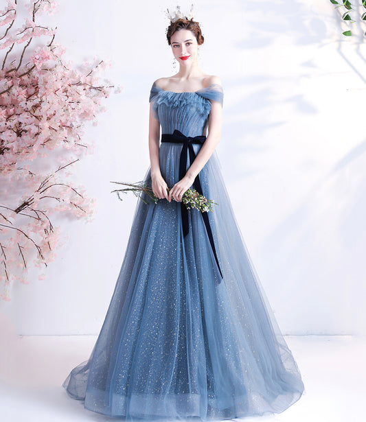 BLUE TULLE LONG A LINE PROM DRESS BLUE EVENING DRESS      cg23356