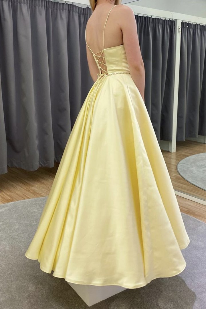 Yellow satin long A line prom dress yellow evening dress      cg23363