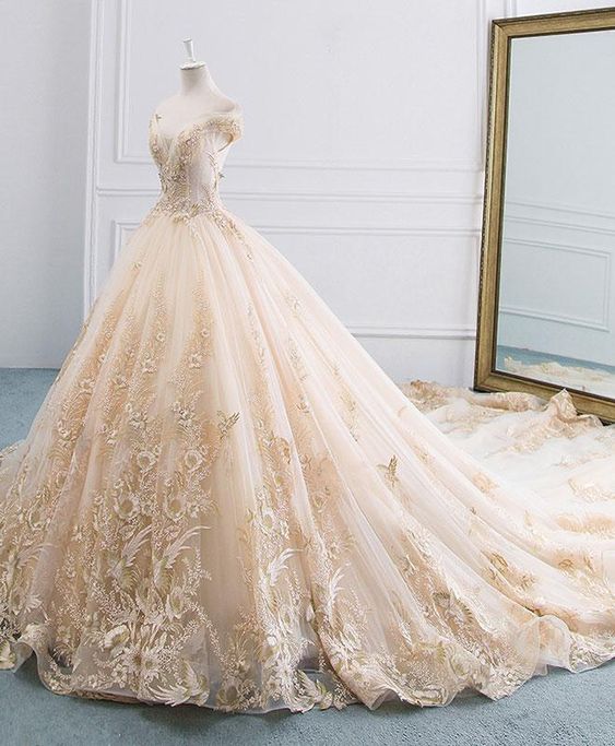 Unique champagne tulle lace long wedding prom dress, bridal gown          cg23377