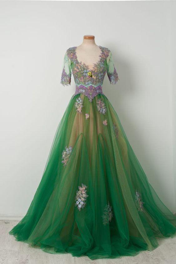 Appliques Half Sleeves Green Long Tulle prom Dress         cg23387