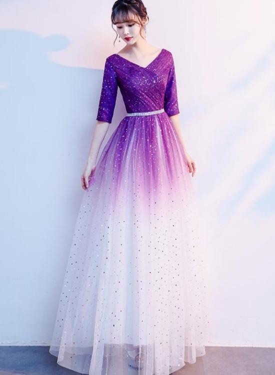 Gradient Purple And White V-Neckline Short Sleeves Party Dresses prom dress evening dress            cg23424