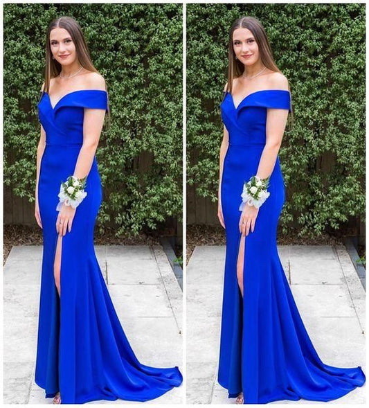 Classic Off Shoulder Mermaid Royal Blue Long Prom Dress      cg23441